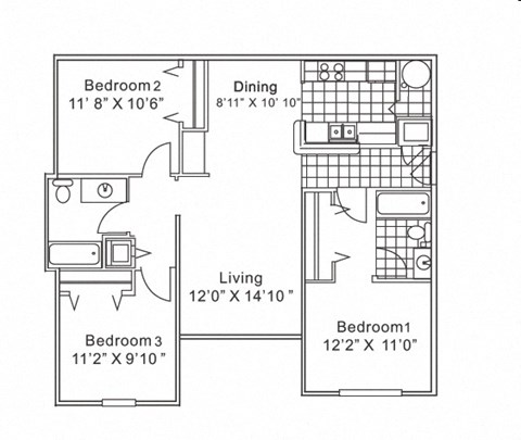 Floor plan for 3 beds, 2 baths, 1073 sqft